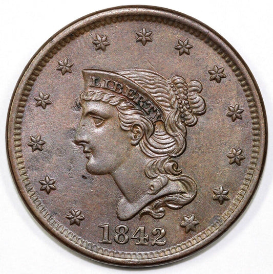1842 1c N-3 Large Date Braided Hair Large Cent