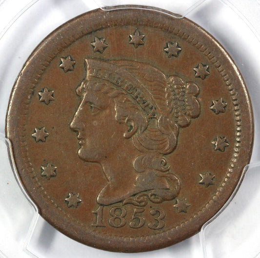 1853 1c N-35 Braided Hair Large Cent PCGS XF DETAILS RIM DAMAGE