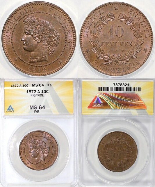 1872-A 10c France Ten Centimes ANACS MS 64 RB