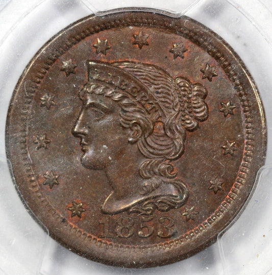 1853 1c Braided Hair Large Cent PCGS MS 65 BN