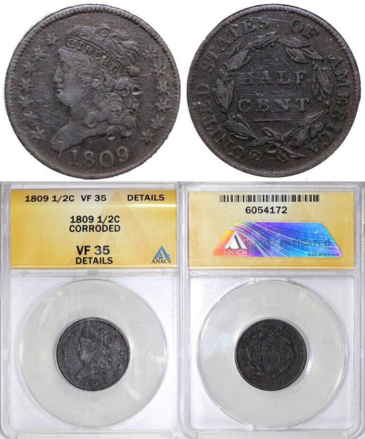 1809 1/2c Classic Head Half Cent ANACS VF 35 Details Corroded