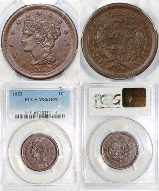 1853 1c Braided Hair Large Cent PCGS MS 64 BN