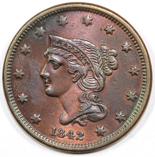 1842 1c N-2 Braided Hair Large Cent *Cleaned/Whizzed*