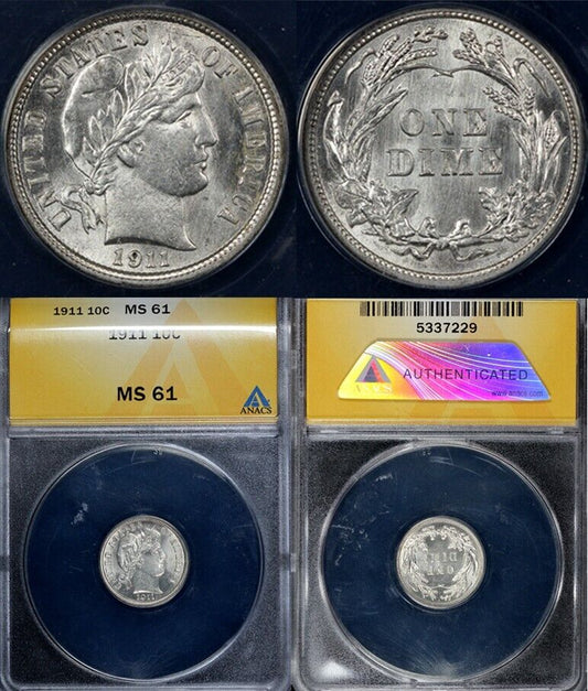 1911 10c Barber Dime ANACS MS 61