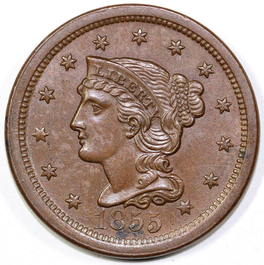 1855 1c N-7 Upright 5's Braided Hair Large Cent