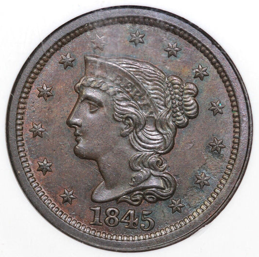 1845 1c N-3 Braided Hair Large Cent NGC MS 63 EX; JULES REIVER