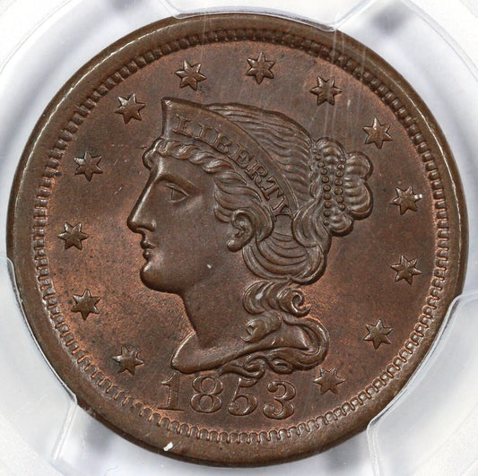 1853 1c N-25 Braided Hair Large Cent PCGS MS 66 BN