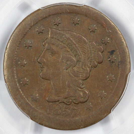 1857 1c Broadstuck Large Date Braided Hair Large Cent PCGS VF 35